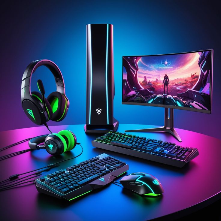 Imagen de diversos componentes de computador con luz morada y azul de fondo