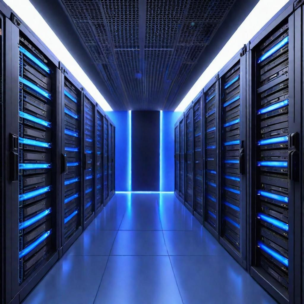 Fotografía de un cuarto lleno de servidores NAS iluminados p0or luces y acentos de color azul fosforescente